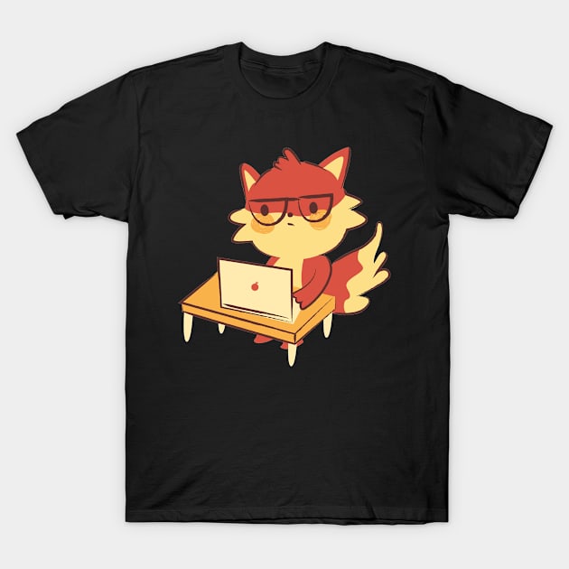 Cute Fox using the laptop T-Shirt by Sticker deck